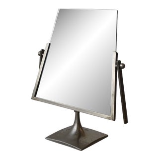 Vintage Modernist Vanity Mirror With Angular Brushed Steel Frame and Trumpeted Base, Circa 1950s-60s For Sale