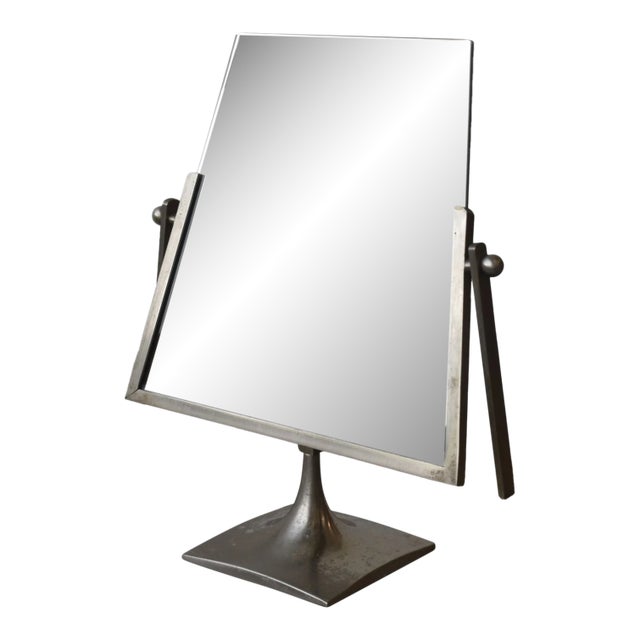 Vintage Modernist Vanity Mirror With Angular Brushed Steel Frame and Trumpeted Base, Circa 1950s-60s For Sale