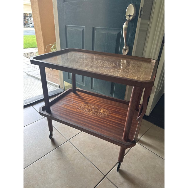 Beautiful Mid Century Italian Regency Marquetry Bar Cart For Sale In San Francisco - Image 6 of 11