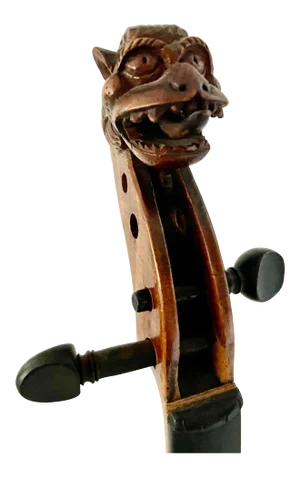 Folk Art Carved Violin Head of Opened Mouthed Lion