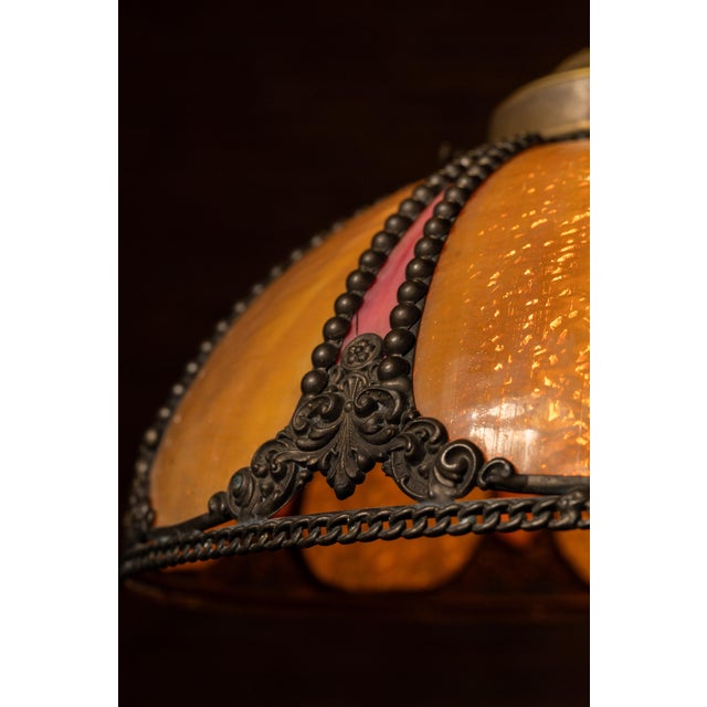 Antique Amber and Rose Stained Slag Glass Hanging Lamp For Sale In Chicago - Image 6 of 6