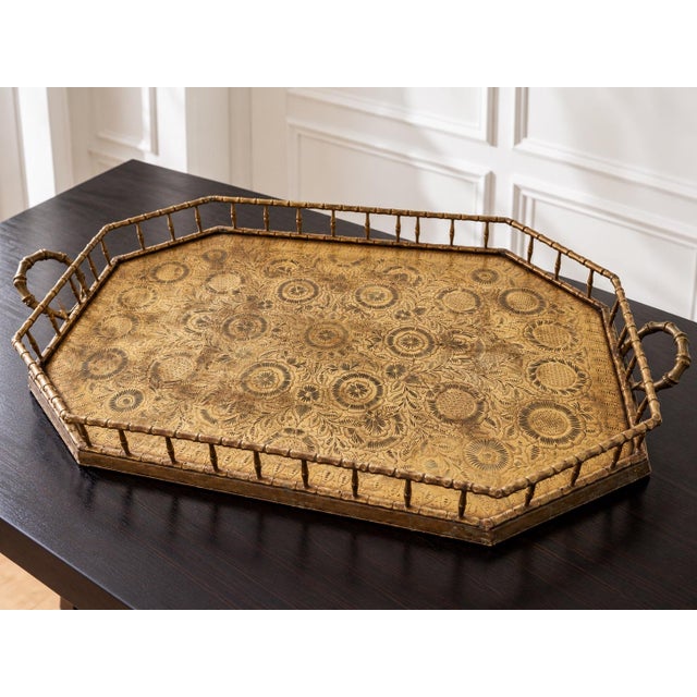 Oversized Vintage Hand-Tooled Brass Gallery Tray With Raised Rail & Handles For Sale In Panama City, FL - Image 6 of 8