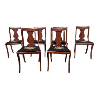 Early 20th Century Vintage Hickory Chair Classical Style Cherry and Needlepoint Dining Chairs - Set of 6 For Sale