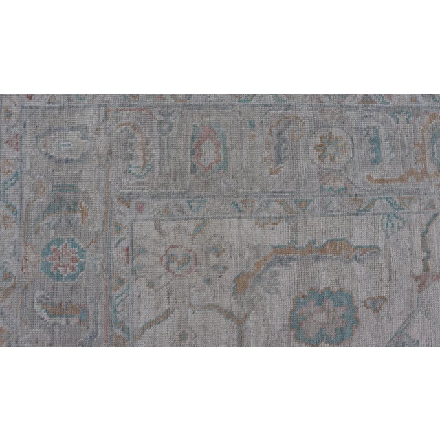 Peach Modern Afghan Oushak Rug in Muted Ivory, Light Blue, and Peach Accents 6'2 X11'9 For Sale - Image 8 of 10