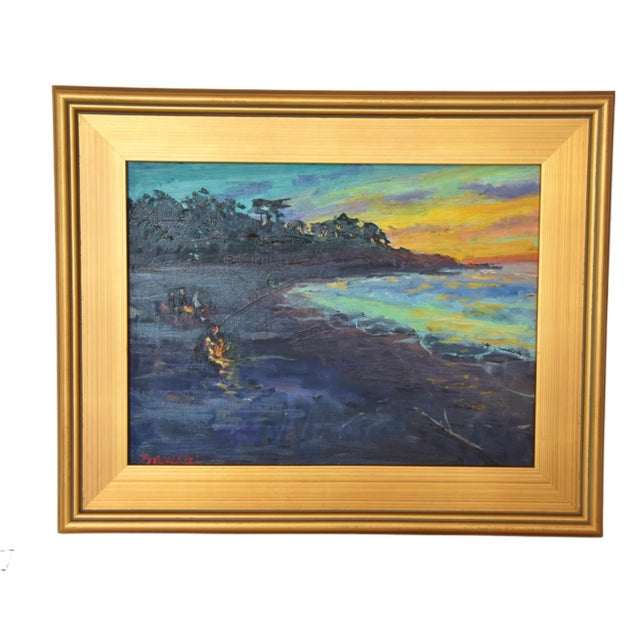 Wood Silvio Silvestri, Listed Artist Campfires on Beach Oil Painting Including the Antiqued Gold Frame For Sale - Image 7 of 12