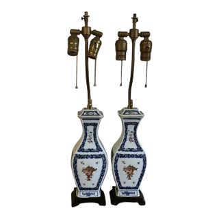 Antique 18th Century Chinese Export Porcelain Blue & White Table Lamps - A Pair For Sale