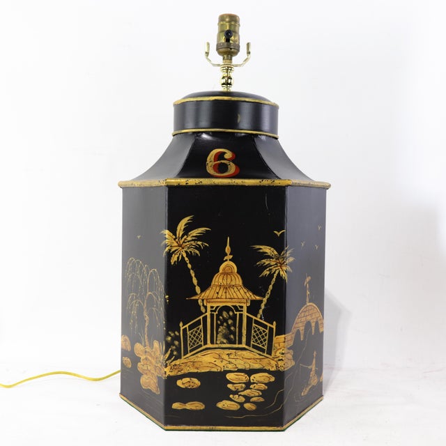Pair of Vintage English Export Chinoiserie Hexagonal Tea Caddy Table Lamps No. 5 & 6 For Sale - Image 12 of 15