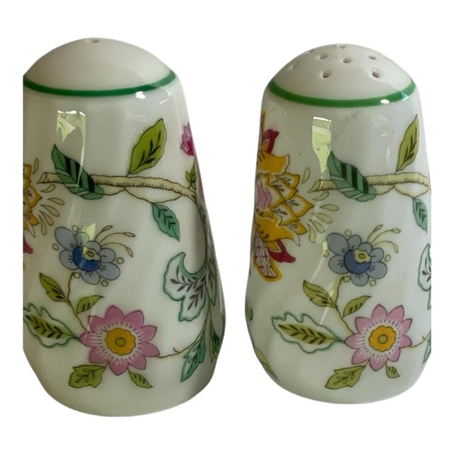 Vintage Minton Haddon Hall Salt & Pepper Shaker Fine Bone China Green England 1948-2011 For Sale