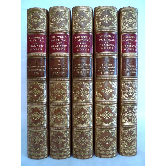 Mid 19th Century Decorative Leather Volume Set, The Poetical and Dramatic Works of Sir Edward Bulwer Lytton - 5 Books For Sale - Image 13 of 13