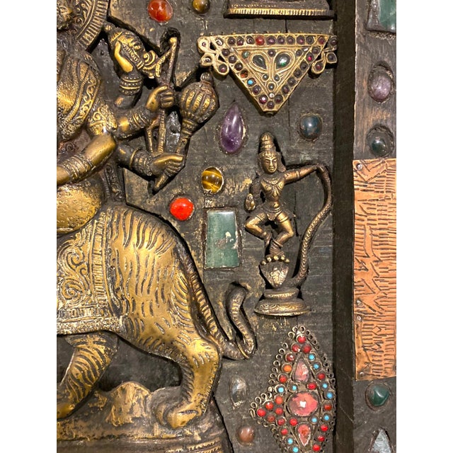 Antique Nepalese Durga Hindu Shrine Brass Wood Stone Inlaid Wall Plaque C1900 For Sale In San Francisco - Image 6 of 16