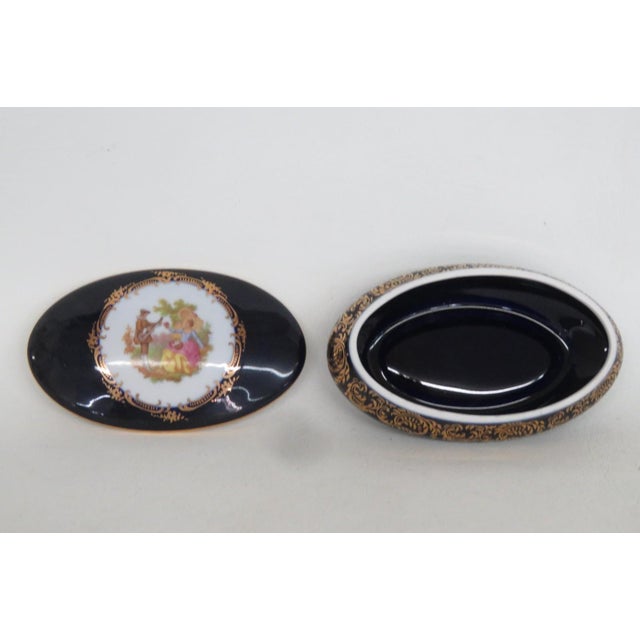 Metal Limoges Castel Oval Trinket Box Cobalt Blue 22k Gold Trim Courting Couple 5190b For Sale - Image 7 of 14