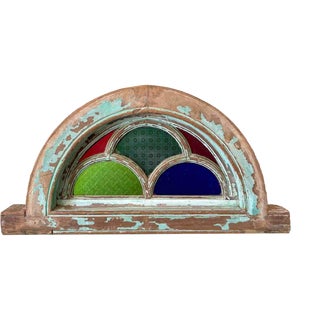 Antique Indian Teak and Cathedral Glass Overdoor Lunette, First Half of the 20th Century, 1920s For Sale