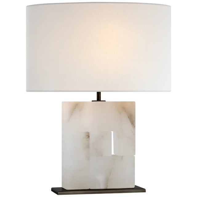 Ian K. Fowler for Visual Comfort Signature Ashlar Medium Table Lamp in Alabaster & Bronze with Linen Shade For Sale