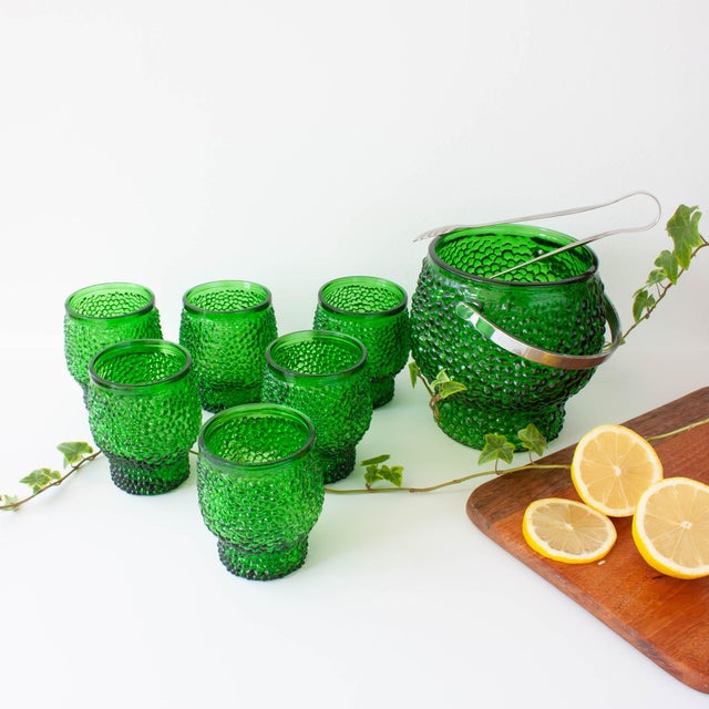 Mid-Century Modern Vintage Green Cocktail Bubble Glasses with Ice Bucket and Ice Clamps, 1970s, Set of 8 For Sale - Image 3 of 16
