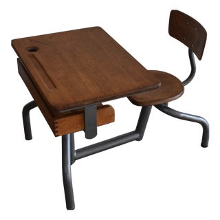 Vintage French Oak and Steel Tube Children's School Desk with Chair, 1930s For Sale