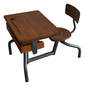 Vintage French Oak and Steel Tube Children's School Desk with Chair, 1930s