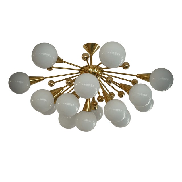 Mid-Century Murano White Art Glass and Brass Chandelier and Pendant For Sale
