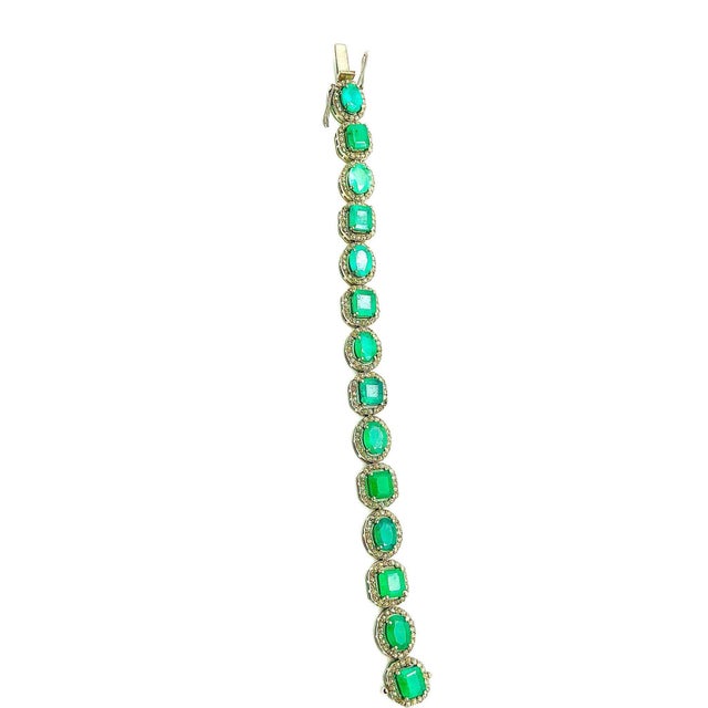 Teal Bochic “Capri” Vintage Zambian Emerald & Diamond Bracelet Set 18K Gold & Silver For Sale - Image 8 of 13