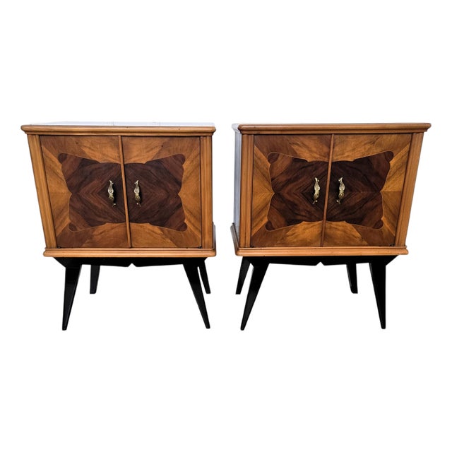 Mid-Century Art Deco Italian Nightstands with Walnut Glass Top, 1950s, Set of 2 For Sale