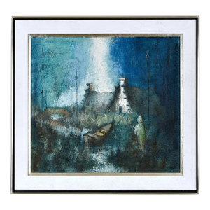 Expressionist Rustic European Blue White and Teal Village Landscape Painting With Boat