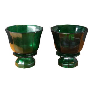 2 Currey and Company Columbia Collection Emerald Green Faceted Glass Vases Pair For Sale