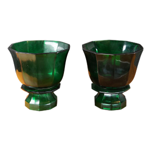 2 Currey and Company Columbia Collection Emerald Green Faceted Glass Vases Pair