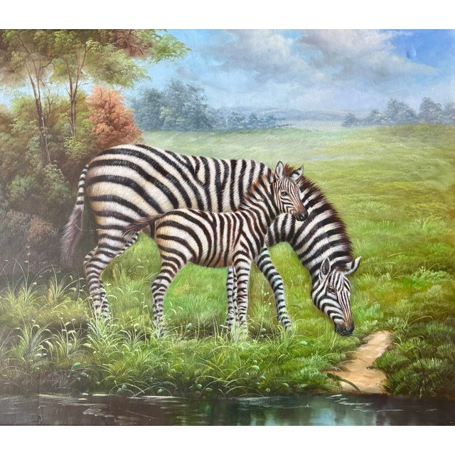 Campaign Vintage Original Zebra Oil Painting in Gilt Frame - Mother and Child Scene For Sale - Image 3 of 8