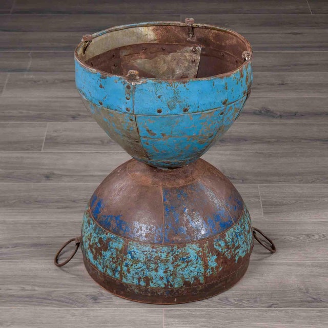 Sky Blue Hand-Forged Metal Hourglass Side Table With Wood Top For Sale - Image 8 of 11