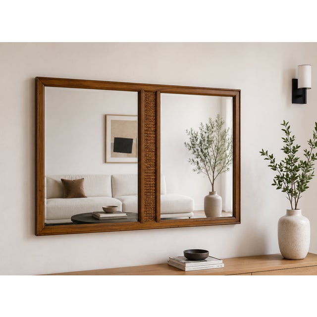 Large Vintage Mid Century Modern Mirror | Walnut Rattan Mirror C. 1960's For Sale - Image 4 of 9