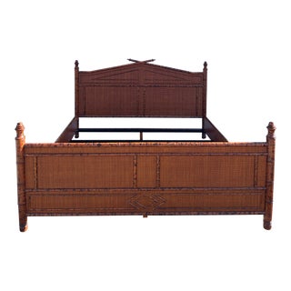 British Colonial Style Burnt Bamboo and Cane King Size Bed Frame For Sale