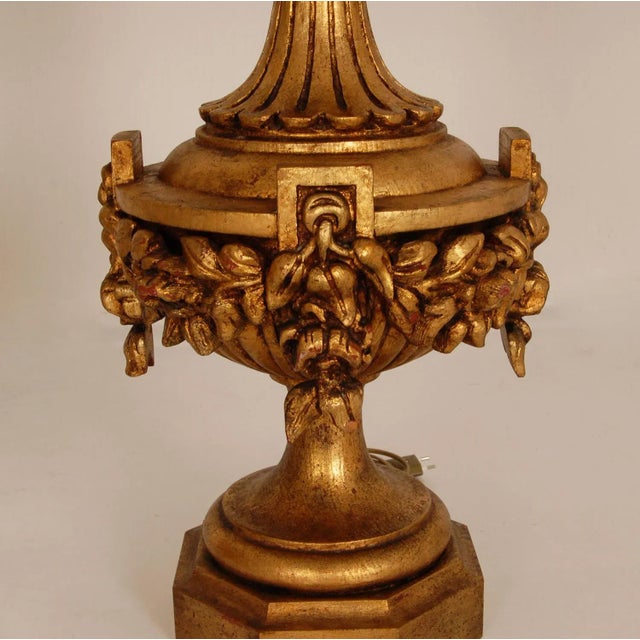 Italian Lamps XL Carved Giltwood Gold Neoclassical Urn Vases Table Lamps - A Pair For Sale - Image 11 of 12