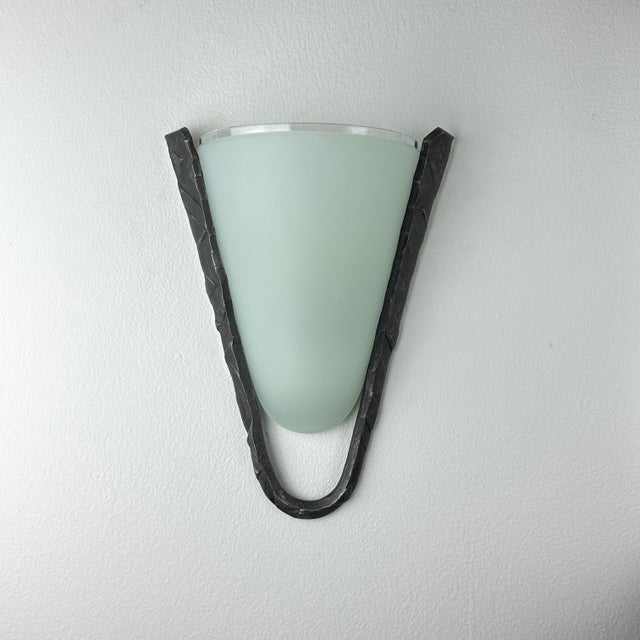 Postmodern Frosted Glass and Hammered Iron Wall Sconces For Sale - Image 11 of 13