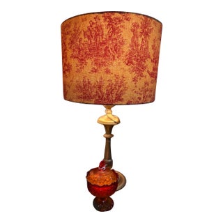 Vintage Brass Table Lamp With Custom Rust Toile Shade – Moody English Country Style For Sale