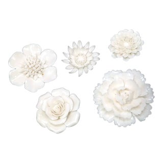 3d Ceramic Porcelain Flower Wall Decor Set - 5 Piece Mixed Floral Wall Hangings Peony Rose Daisy White For Sale