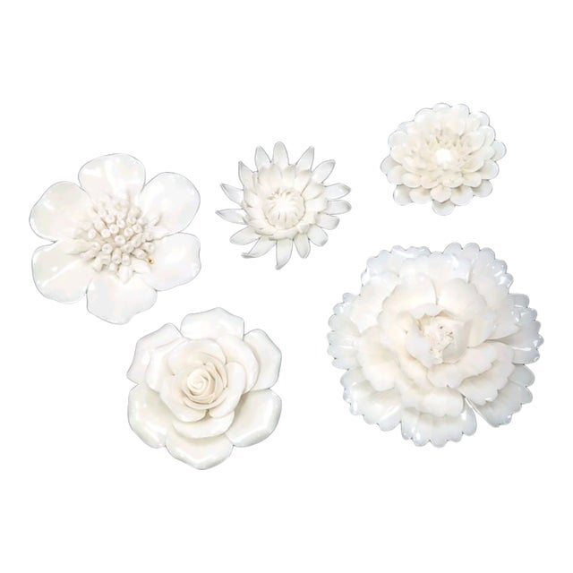 3d Ceramic Porcelain Flower Wall Decor Set - 5 Piece Mixed Floral Wall Hangings Peony Rose Daisy White For Sale