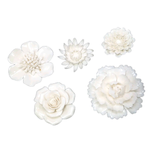 3d Ceramic Porcelain Flower Wall Decor Set - 5 Piece Mixed Floral Wall Hangings Peony Rose Daisy White