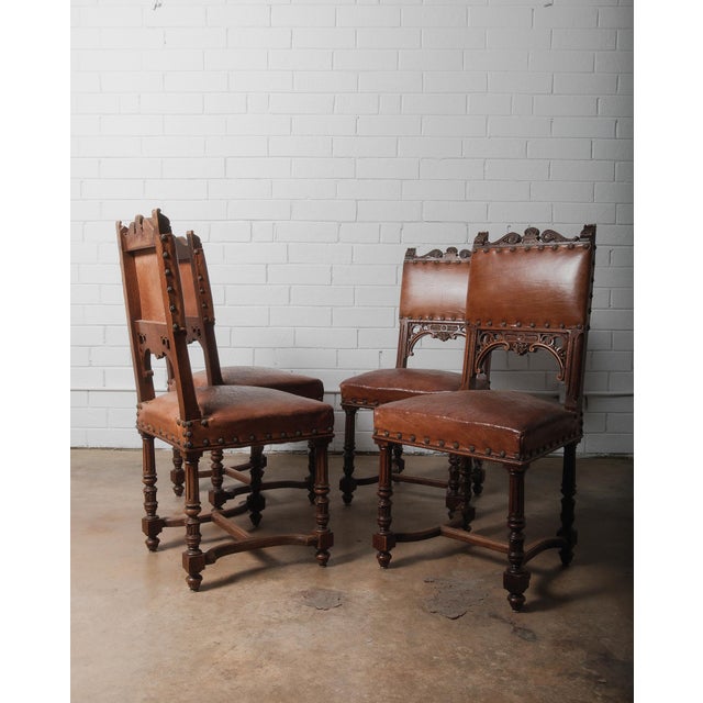 Early 20th Century Antique Henry II Renaissance Style Brown Leather and Wood Chairs - Set of 4 For Sale In Greensboro - Image 6 of 6