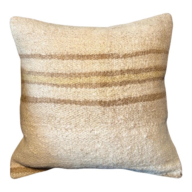 Turkish Hemp Pillow, Ivory Taupe Multi-Stripe Cushion, Handwoven Anatolian Pillow With Insert, 16x16 In For Sale
