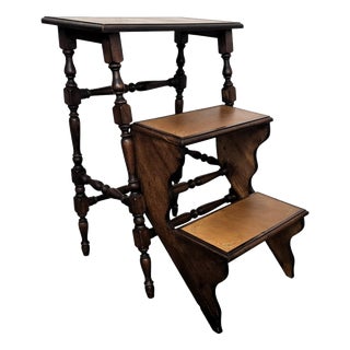 Mid-Century Italian Carved Walnut Wood and Leather Folding Three-Step Library Ladder, 1950s For Sale