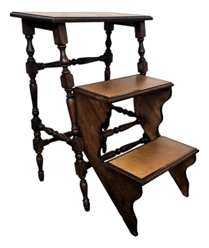 Mid-Century Italian Carved Walnut Wood and Leather Folding Three-Step Library Ladder, 1950s