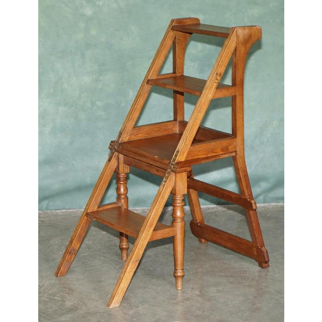 Antique English Arts & Crafts Metamorphic Library Steps in Tiger Oak, 1880 For Sale - Image 13 of 18