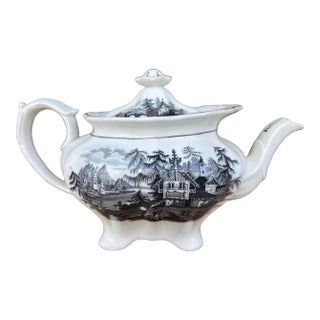 Antique Staffordshire Black Transfer Decorated Teapot, Circa 1830’s For Sale