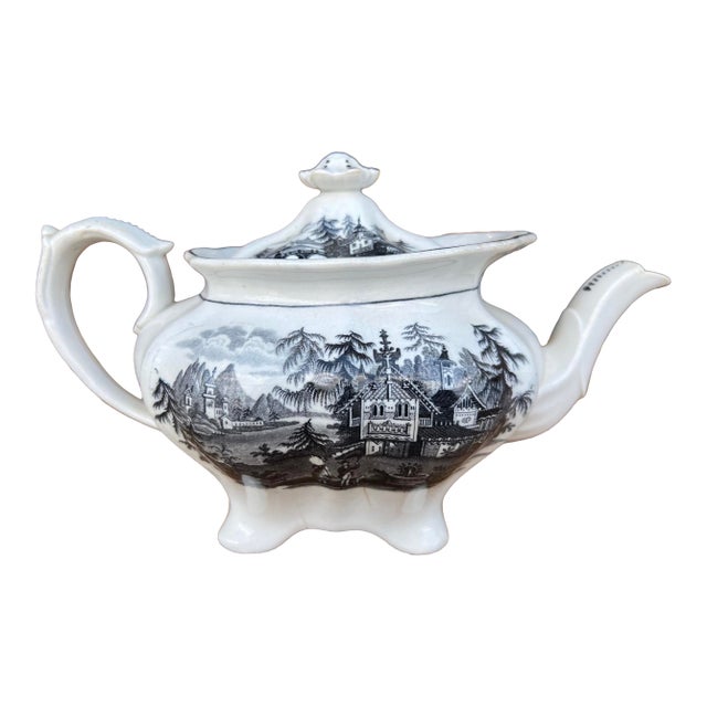 Antique Staffordshire Black Transfer Decorated Teapot, Circa 1830’s For Sale