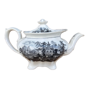 Antique Staffordshire Black Transfer Decorated Teapot, Circa 1830’s