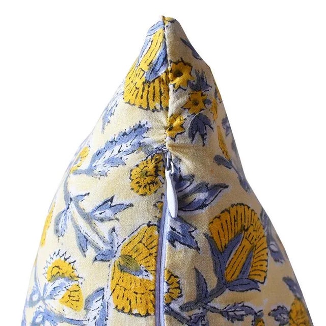 Lee Radziwill Inspired Block Print Down Flower Motif Pillow in Yellow, India For Sale - Image 4 of 6
