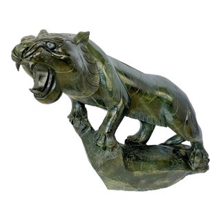 Monumental Chinese Carved Green Nephrite Jade Tiger, Circa 1970s For Sale