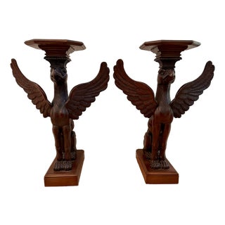 Pair of Neoclassical Winged Griffin Walnut Pedestal Side Tables, Vintage For Sale