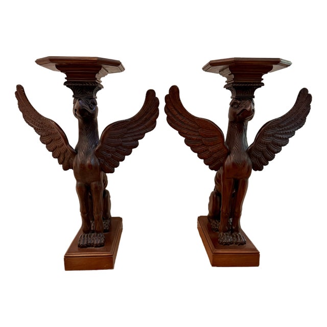 Pair of Neoclassical Winged Griffin Walnut Pedestal Side Tables, Vintage For Sale