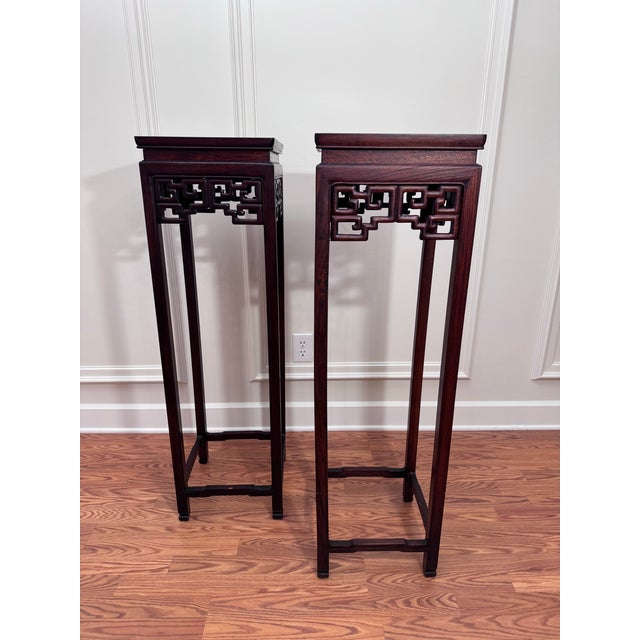 Vintage Monumental Asian Ming Style Solid Rosewood Plant Stands, a Pair For Sale - Image 4 of 14