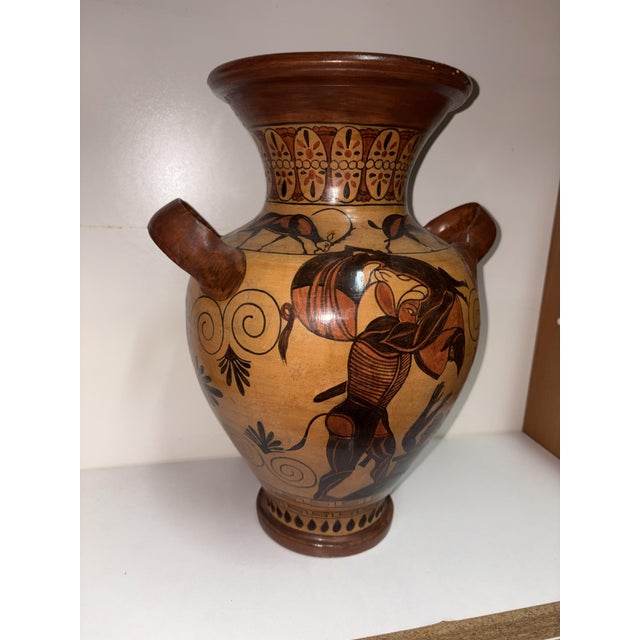 Large ceramic vase with painted handles, height 38 cm, width 29 cm, depth 25 cm